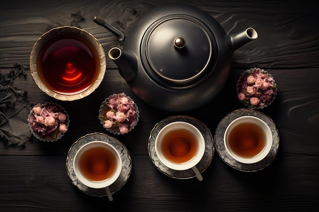 top view cups of tea with tea pot