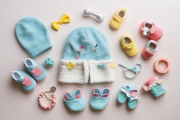 Photo top view of cute little baby accesories with copy space