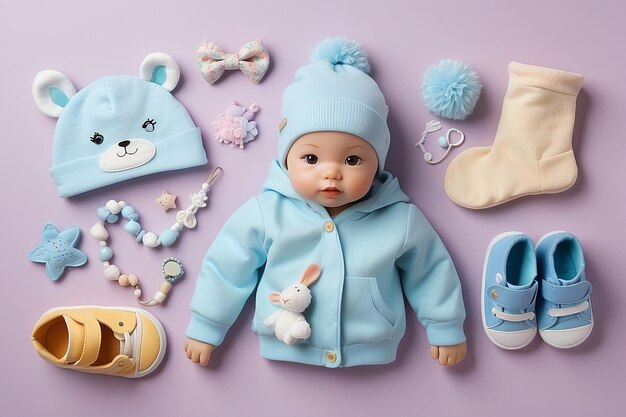 Photo top view of cute little baby accesories with copy space