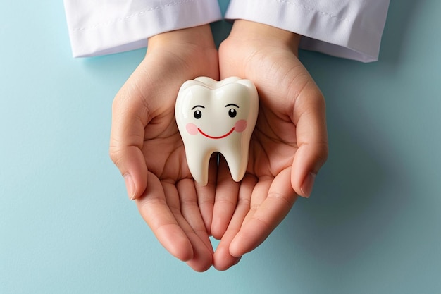 Top view of a cute toy tooth in doctors hand