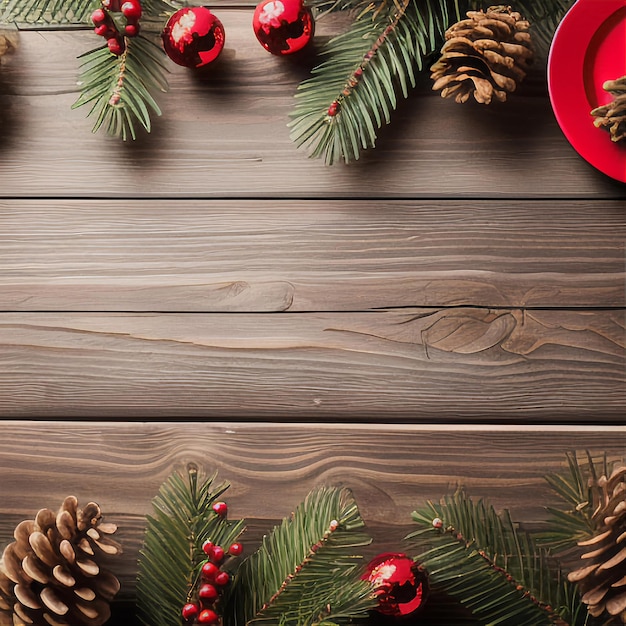 Top view of a dark wooden table with fir branches cones red balls Background template AI