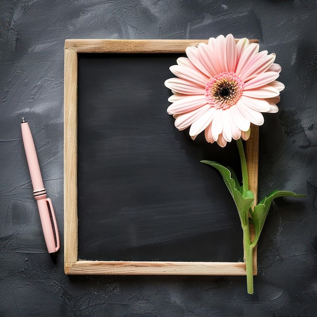 Photo top view of decoration slate with flower teacher day concept