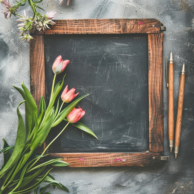 Photo top view of decoration slate with flower teacher day concept