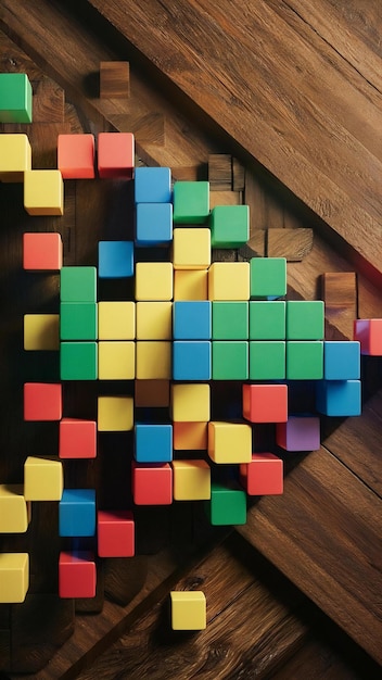 Top view decoration with cubes on wooden background