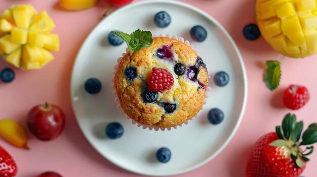 Top view of delicious blueberry muffin on a plate surrounded by fresh fruits placed on the pink back