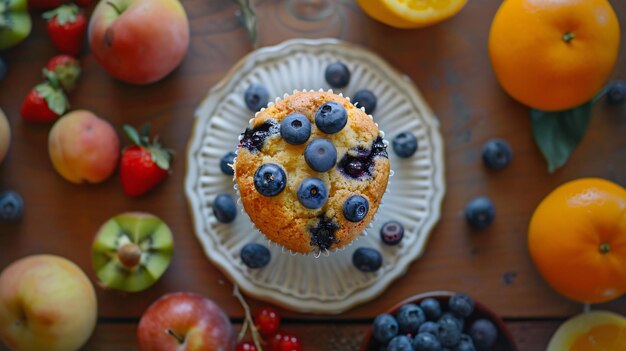 Top view of delicious blueberry muffin on a plate surrounded by fresh fruits placed on the table