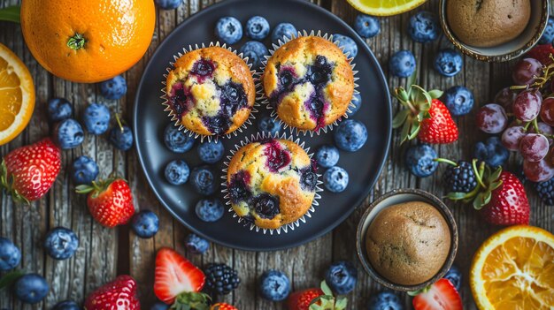 Top view of delicious blueberry muffin on a plate surrounded by fresh fruits placed on the table