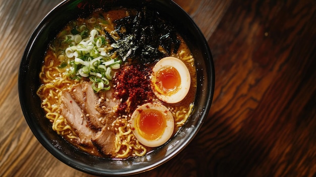 Photo top view of a delicious bowl of ramen with toppings ample space for text