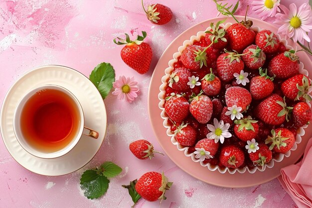 Top view delicious cake with red fresh strawberries and cup of tea on pink desk