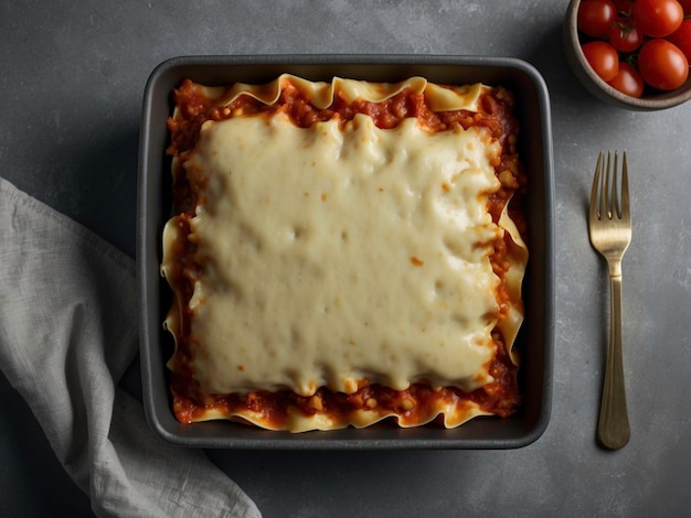 Photo top view of a delicious cheesetopped lasagna on grey plate generative ai