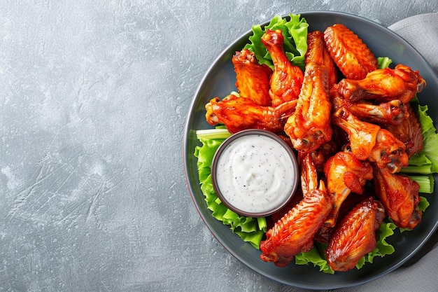 Photo top view delicious chicken wings inside plate