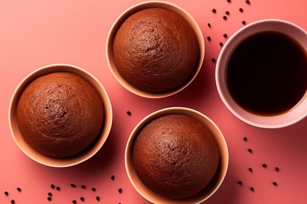 Top view delicious chocolate cakes with cup of tea on a pink