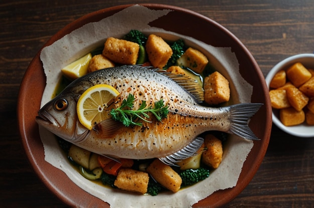 Top view delicious fish meal on tray