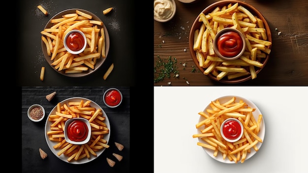 Top view delicious fries and sauce A professional 3d rendering use a high quality Generative AI