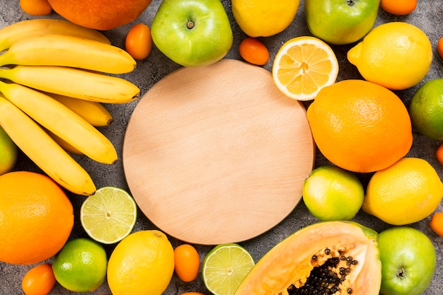 Top view delicious fruits arrangement