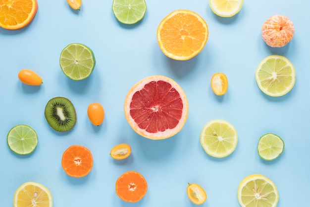 Top view delicious fruits on the table