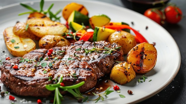 Top view of delicious grilled steak and coarse potatoes with vegetable salad served on plates