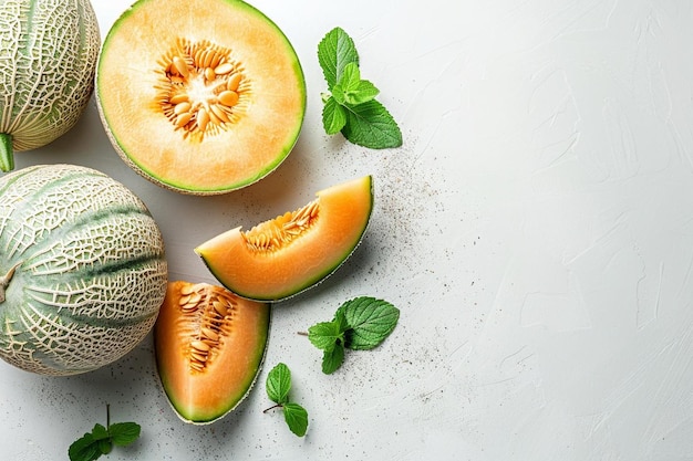 Photo top view of delicious halved and whole cantaloupe melon with peels on white with copy space