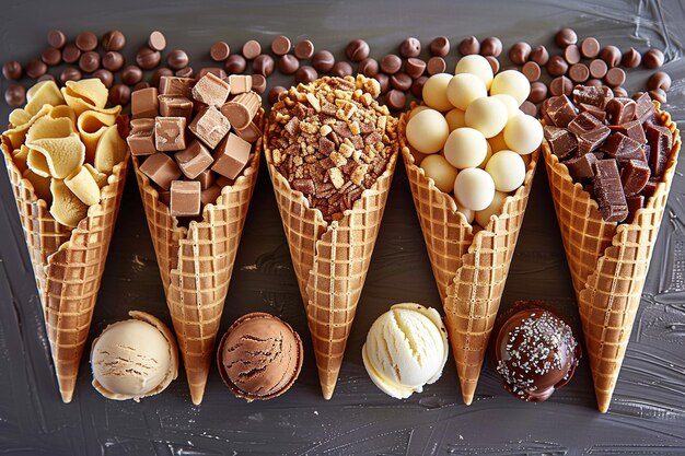 Photo top view delicious ice cream cones with topping