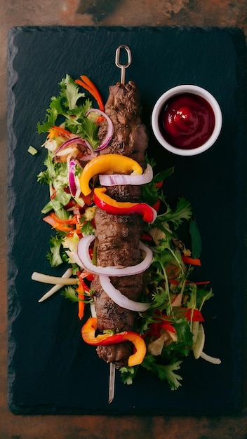 Photo top view of delicious kebab on slate with salad and ketchup