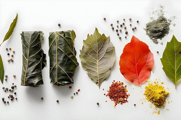 Photo top view of delicious leaf dolma with seasonings on white surface