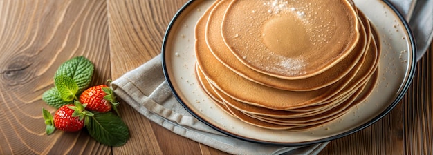 Top view of delicious pancakes with mint on wooden table panoramic shot