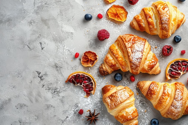 Top view delicious pastries with dried fruit slices on grey space