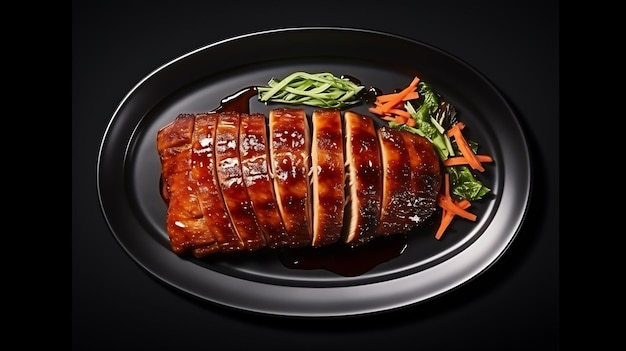 Top view delicious peking duck food plate isolated on a black background