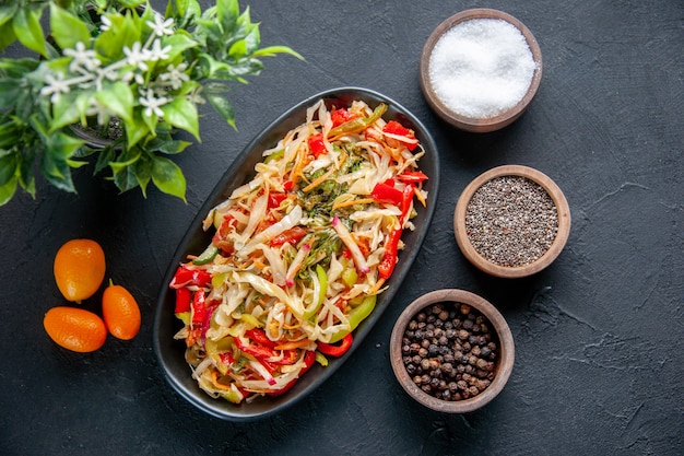 top view delicious pepper salad inside long plate with seasonings dark background meal diet colour health bread food horizontal dish