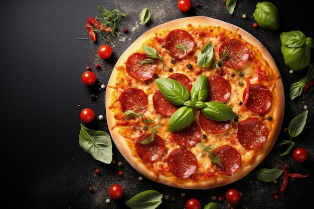 Top view of a delicious pepperoni pizza and cooking ingredients like tomatoes and basil on a black c