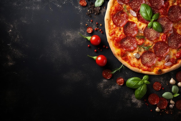 Top view of a delicious pepperoni pizza with tomatoes and basil on a black background Space for text