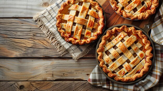 Top view of delicious pies on wooden table