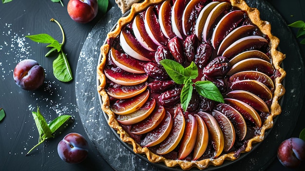 Top view of delicious plum tart on the dark background