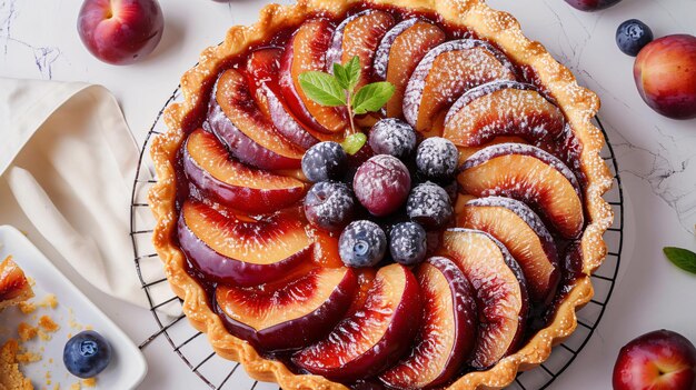 Top view of delicious plum tart on the white background