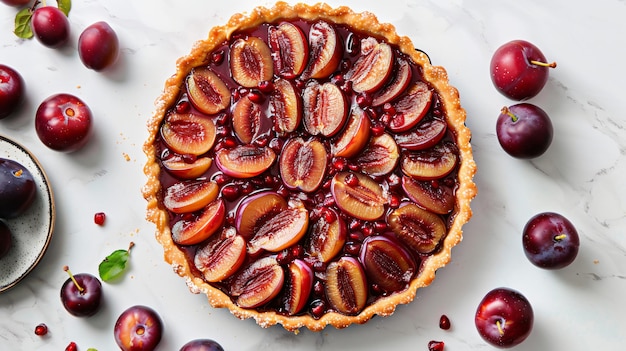 Top view of delicious plum tart on the white background