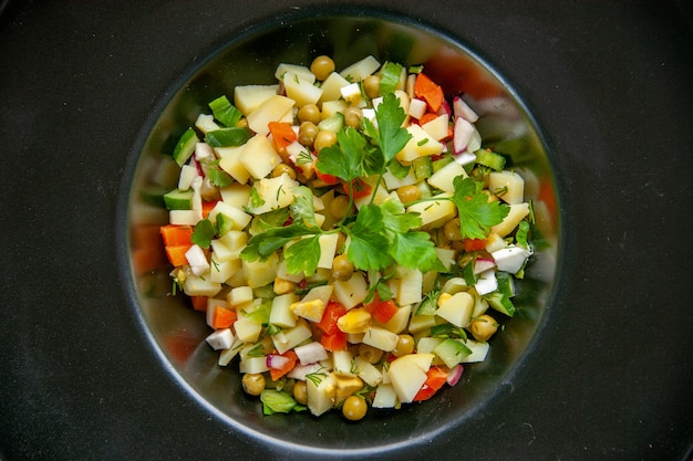 top view delicious potato salad inside dark plate dark surface health meal dinner dish colour snack diet bread food