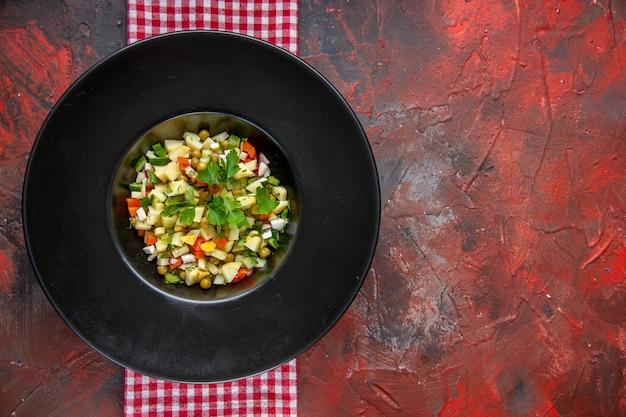 top view delicious potato salad inside plate on dark surface dish health colour diet bread food dinner lunch meal free space