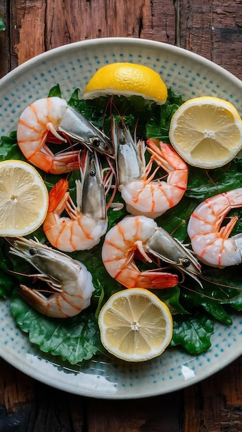 Top view delicious shrimps with lemon on plate