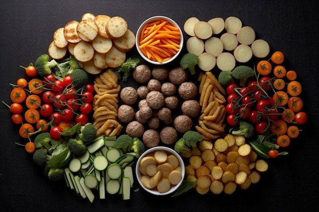 Top View of Delicious Sliced Potatoes Meatballs and Cooked Veggies