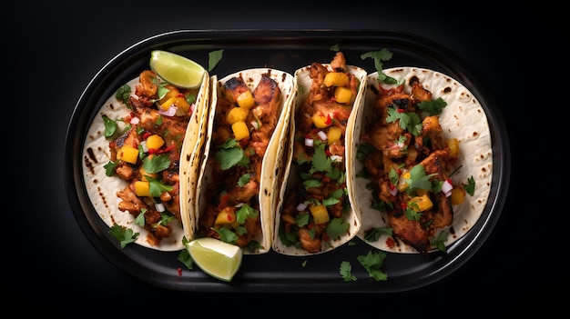 Top view delicious tacos al pastor food plate isolated on a black background