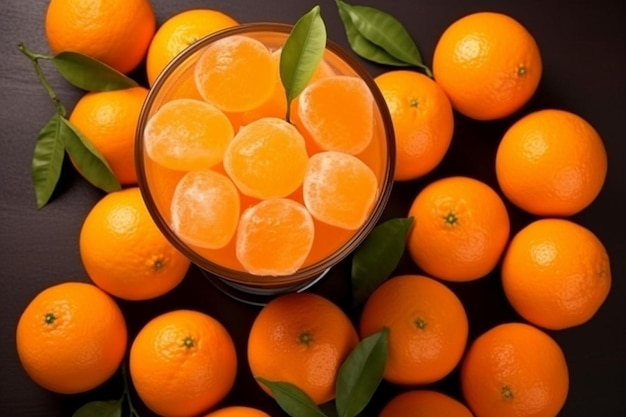 Top view of delicious tangerines with fresh fruit juice in a glass