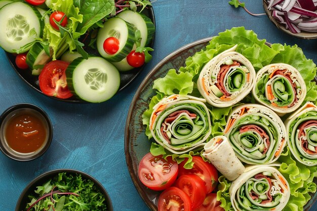 Photo top view of delicious vegetable rolls whole and sliced with greens and salad on blue desk