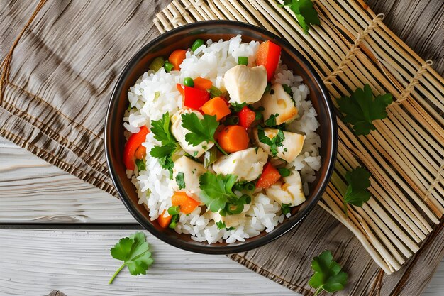 Photo top view of delicious white rice meal with chicken and vegetables