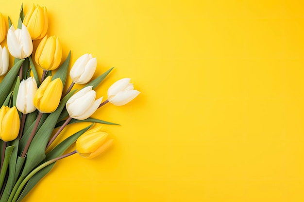 Top view design of holiday greeting tulip flower bouquet on bright yellow Background