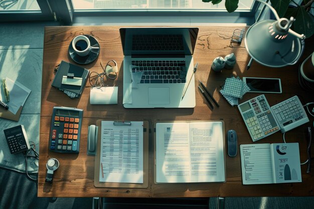 Top view of desk with financial instruments