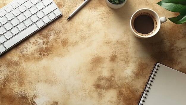 Photo top view of a desk with a keyboard coffee notebook and plant