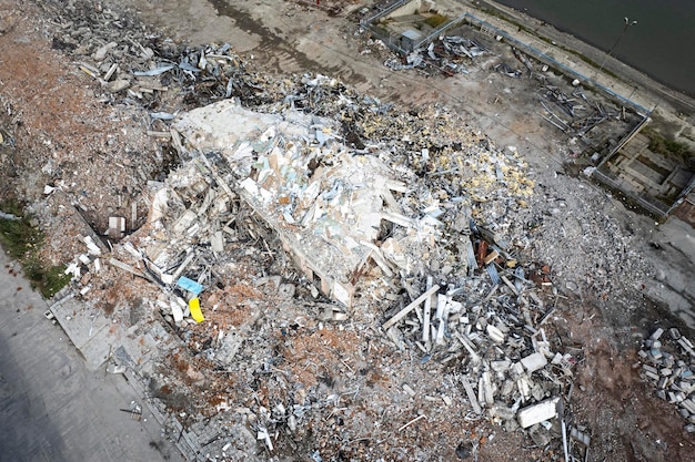 Top view of the destroyed building Aerial view of the ruins wreckage of the building