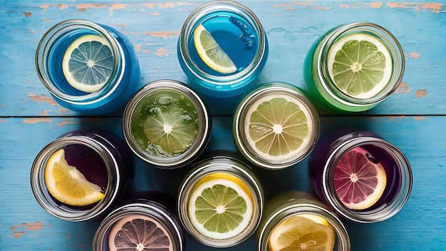 Top view of detox drinks in jars with citrus fruits on blue wooden surface