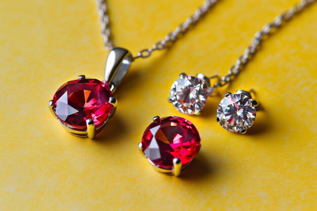 a top view of a diamondstudded tiara and matching earrings on a neon background