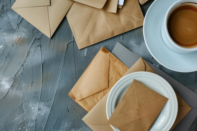 Photo top view different envelopes composition and coffee cup